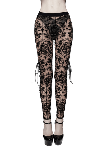 Apricot Mesh Leggings: Lace-Up / Gothic High-Waist Style